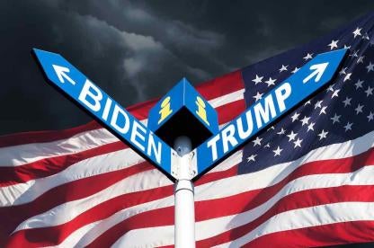 Two arrows pointing different directions, one says Biden one says Trump