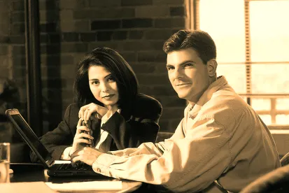 business man, woman, computer, workplace conduct