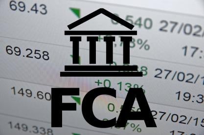 UK's FCA Financial Conduct Authority logo with a stock, investment ticker listing 