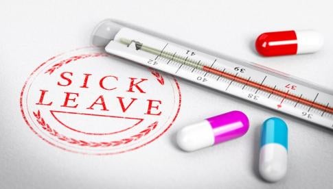 sick leave stamp with pills and a thermometer