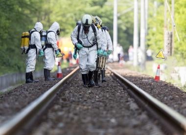 toxic, chemical, clean up, hazmat suits, railroad