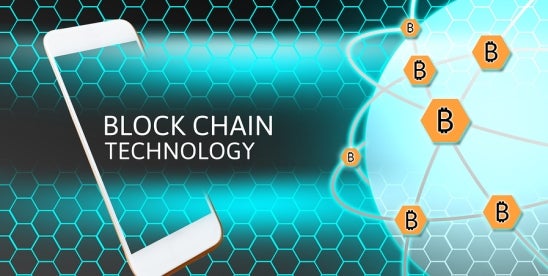 Blockchain technology with phone and bitcoin 
