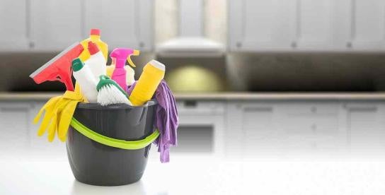 Surface Disinfectants and Cleaning Supplies in a Bucket