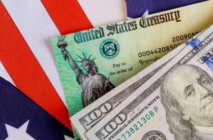 Government Stimulus Montage: Check, Dollars and American Flag