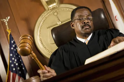 judge on the bench reading the law