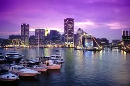 Harbor with boats and skyscrapers