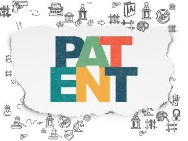 colorful PATENT graphic with a black and white background of patent related icons