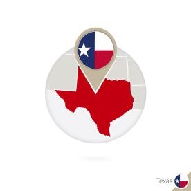 State of Texas with a location indicator with the state flag
