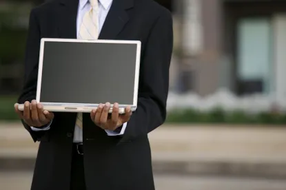 lawyer presenting laptop, home page, online marketing