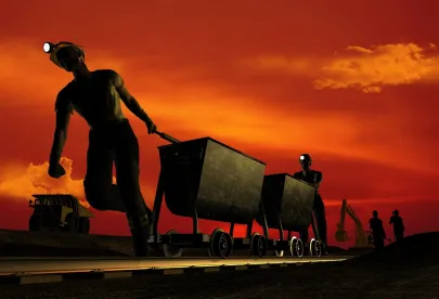miners, carts, coal, dusk, headlamps