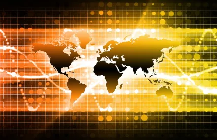 global telecommunications map in glowing yellow