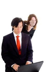 co-workers, privacy, mangifying glass