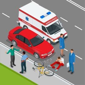 accident scene: injured cyclist with fallen over bike, car with busted headlight and ambulance
