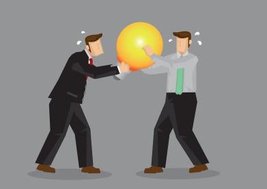graphic illustration of two professional men struggling over an patent creative idea in form of a lightbulb