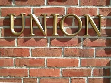 brick, wall, gold letters, union
