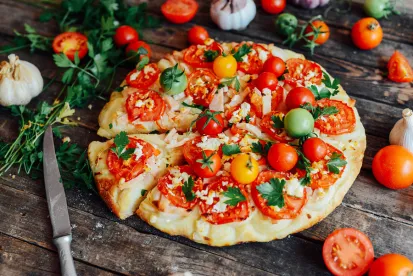 pizza, toppings, table, veggies