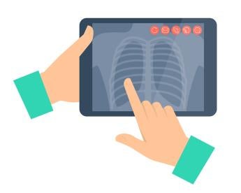 graphic showing health care professional holding an ipad like device and pointing to a patient's lung xray